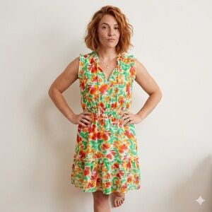 Cabi Spirit Dress Boho Floral Smocked Waist Ruffle Sun Dress Size Large